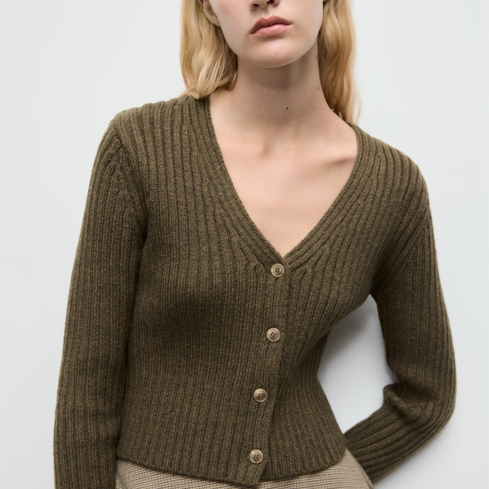 Mango V-Neck Rib Cardigan in green